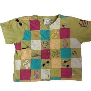 Michael Simon Lite Summer Embroidered Patchwork Short Sleeve Cardigan Top XL